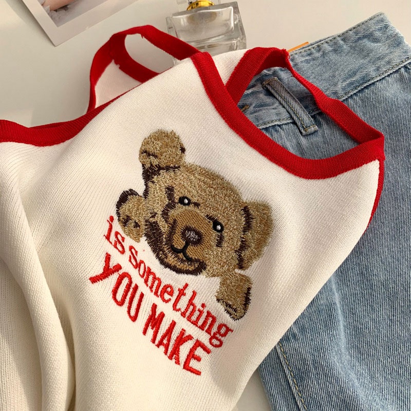 Áo Tank Top Hai Dây Dệt Kim Ôm Dáng Thêu Hình Gấu Thời Trang Hàn Quốc Cho Nữ