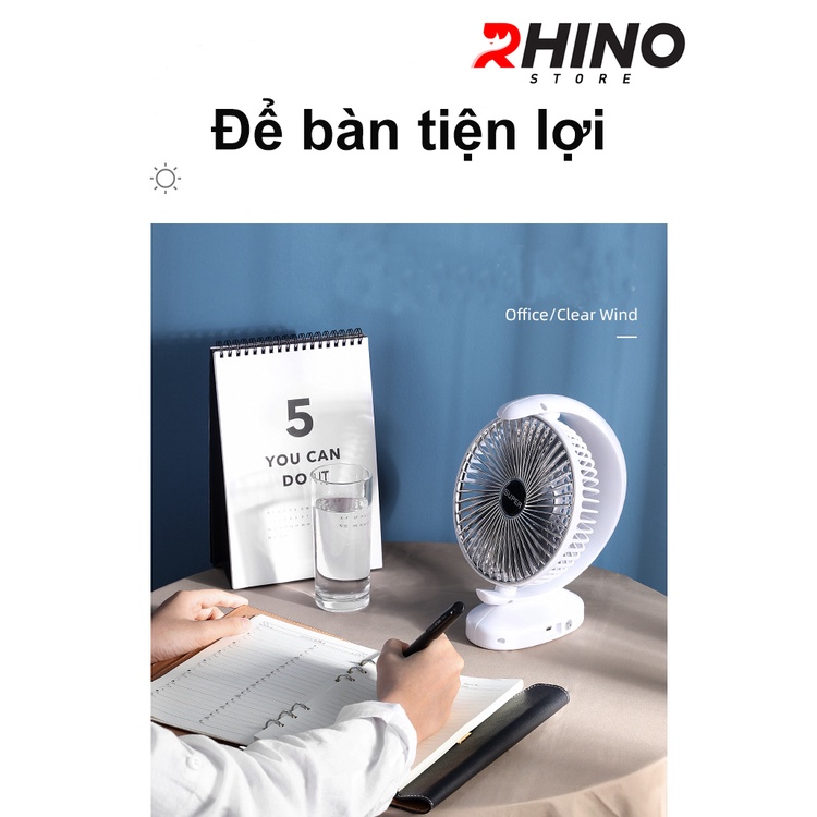 Quạt để bàn văn phòng mini Rhino F101 tích điện 3 mức độ gió hình bán nguyệt
