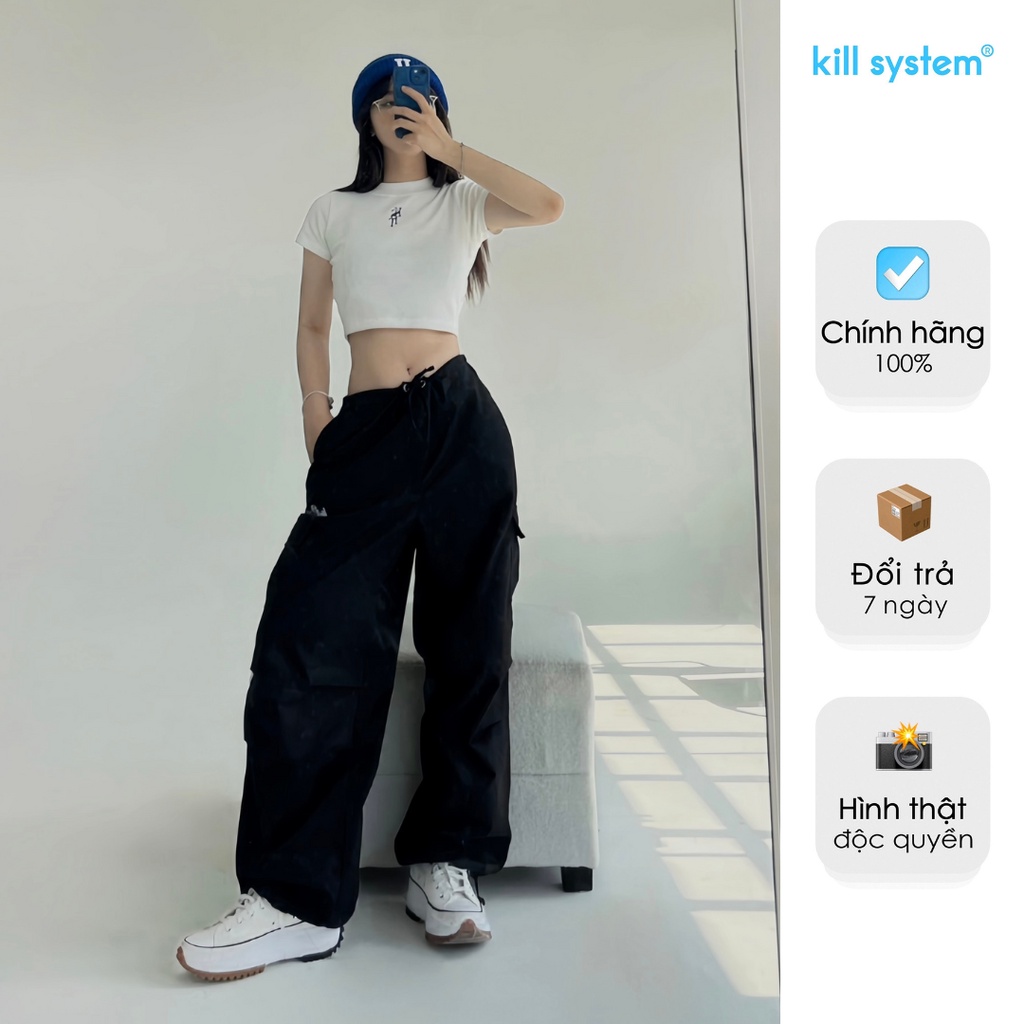 Quần túi hộp Killsystem Y2K Slow Dancin' cargo pants kaki mềm màu đen ống rộng lưng dây rút Y2K Slow Dancin' cargo pants