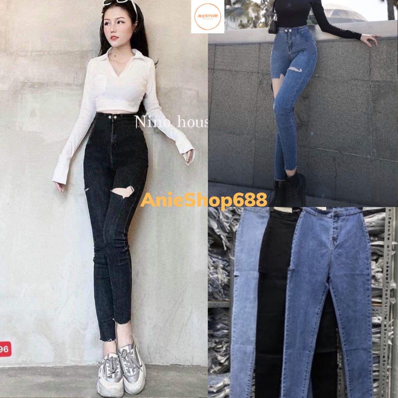 Quần jean nữ ANIESHOP688 rách gối co giãn, quần bò nữ cạp cao rách gối dáng ôm chất vải đẹp cao cấp ,quần bò rách gối