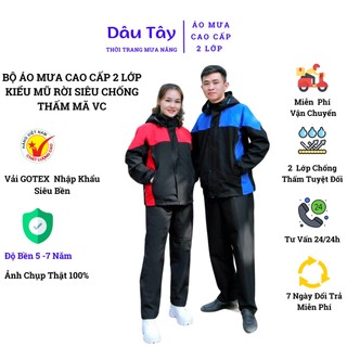 Áo mưa bộ cao cấp 2 lớp siêu chống thấm, giữ ấm - Kiểu mũ cổ rời mã VC