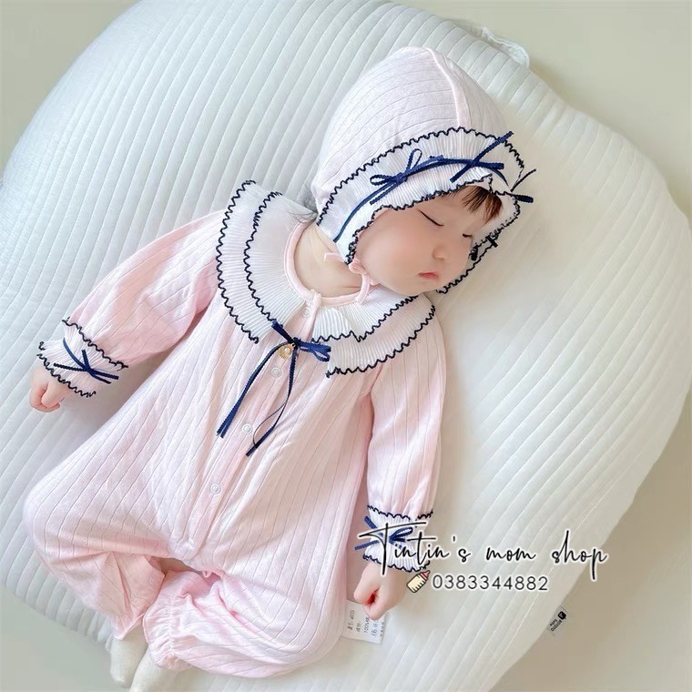 Sét body tiểu thư cao cấp đầy tháng/ thôi nôi MOMOIDEA cổ bèo xanh kèm mũ cho bé gái