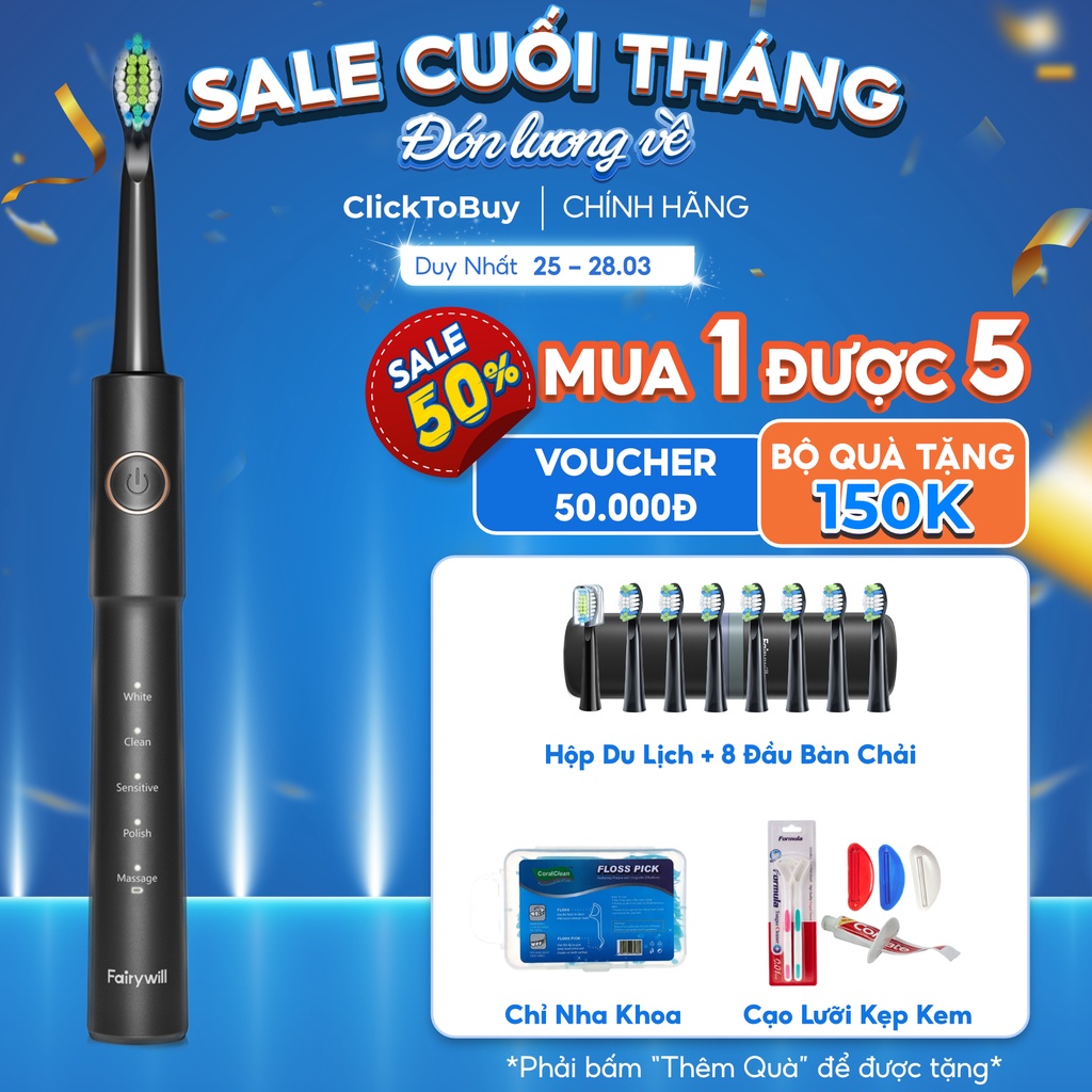 Bàn Chải Đánh Răng Điện Fairywill E11 Tặng Kèm 8 Đầu Bàn Chải Đủ Dùng