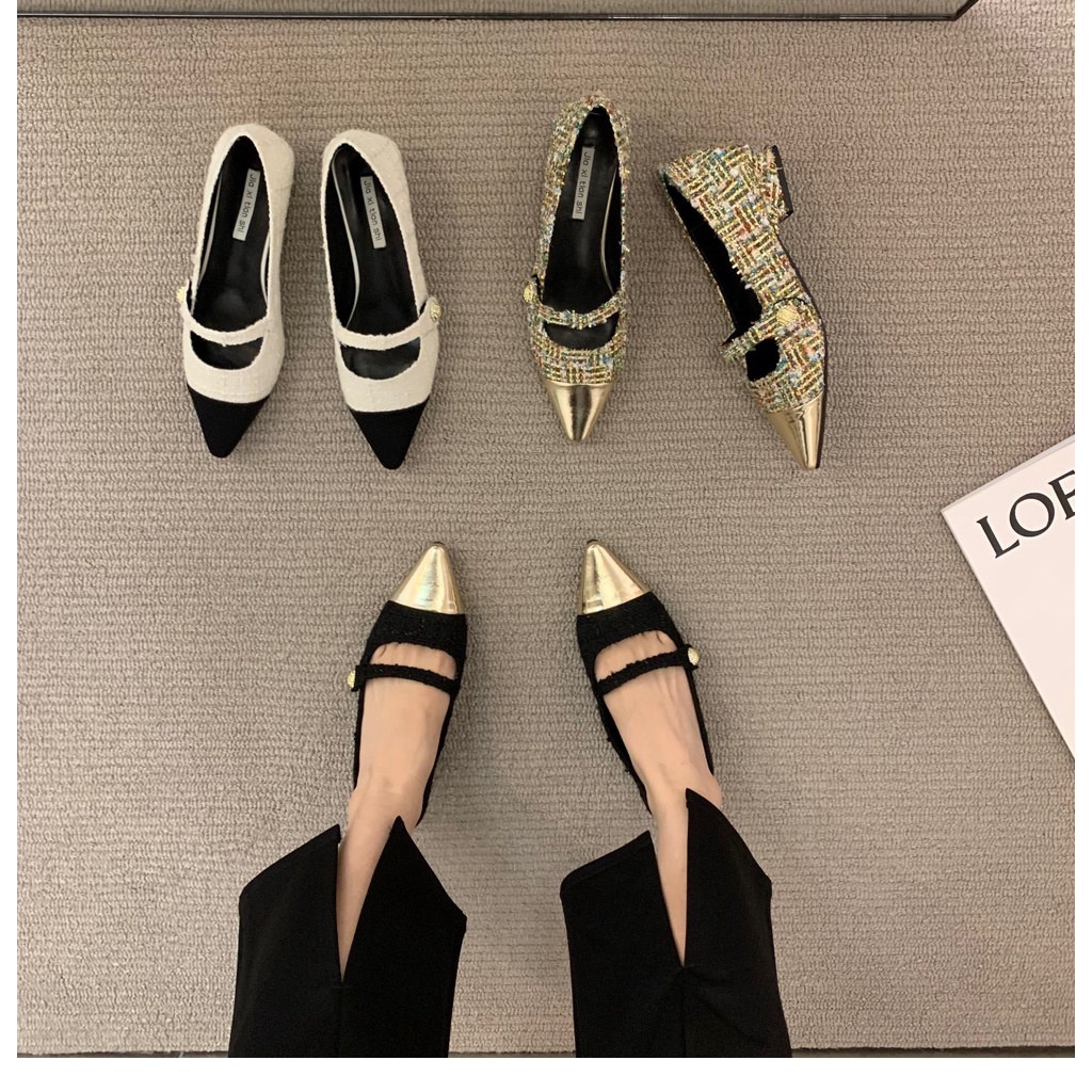 Giày Búp Bê Đế Bằng Mũi Nhọn Phong Cách Mary Jane Cho Nữ