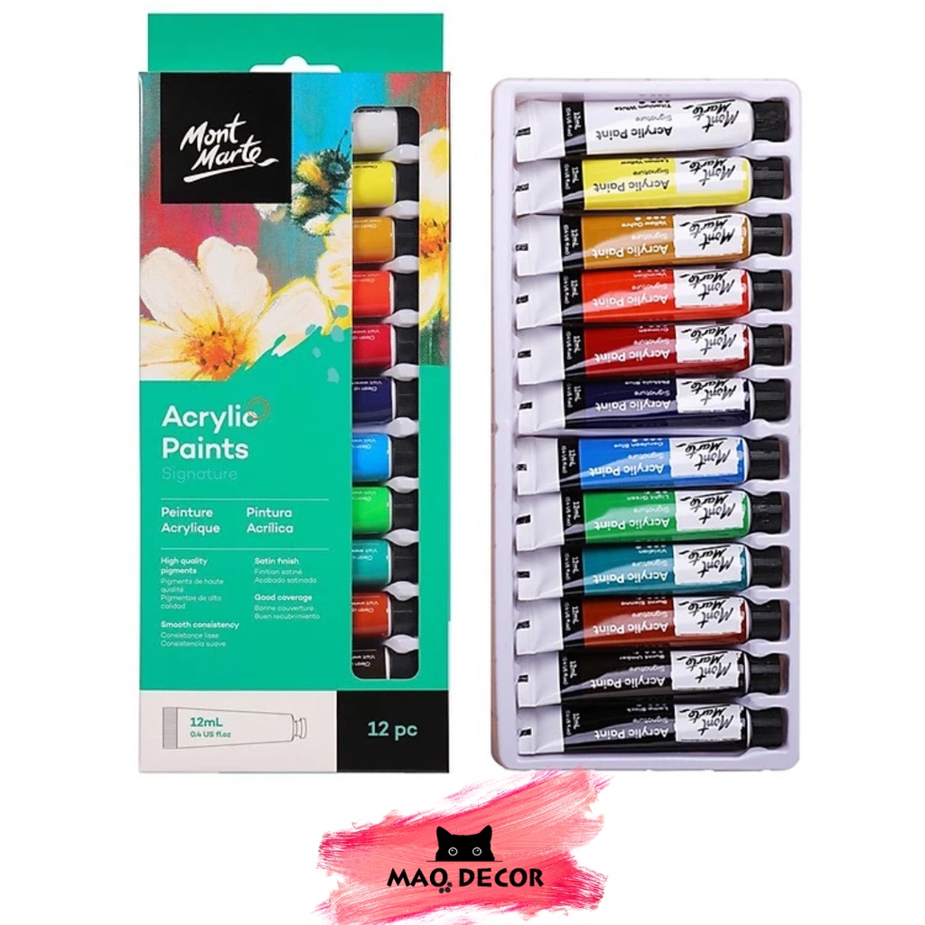 Màu Acrylic Mont Marte 12pc/18pc x 12ml, siêu phẩm dùng để vẽ trên tranh canvas, thạch cao, bìa cứng, giấy.