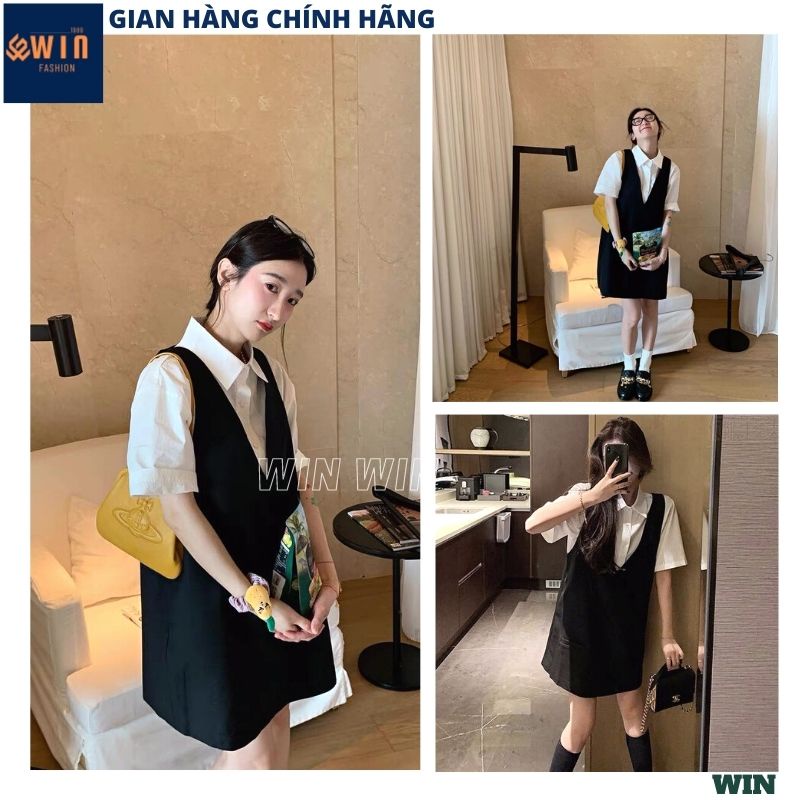 Set yếm váy kèm áo sơ mi cộc tay cổ đức trẻ trung, Set đồ nữ dáng yếm xinh xắn phong cách Hàn quốc nhẹ nhàng - WIN