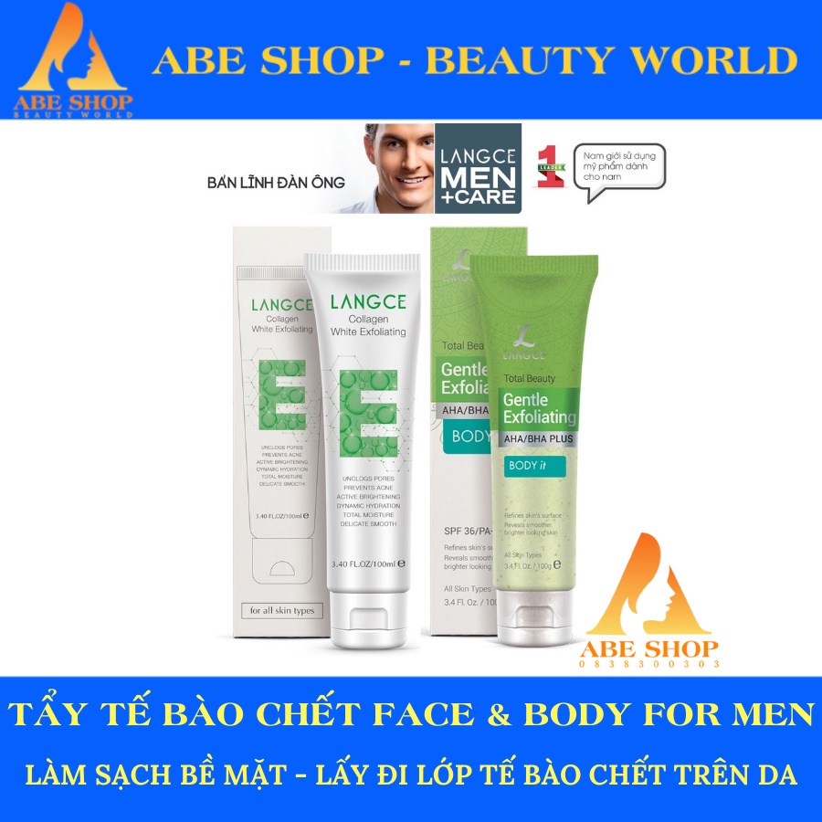 COMBO Tẩy Tế Bào Chết Aha/Bha+ Da Mặt 100g và Tẩy Tế Bào Chết Aha/Bha+ Toàn Thân 100g LANGCE dành cho Nam
