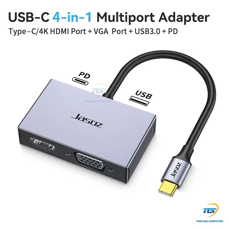 Cáp chuyển đổi USB Type C sang HDMI+VGA+USB 3.0, PD 100W JASOZ T-H107