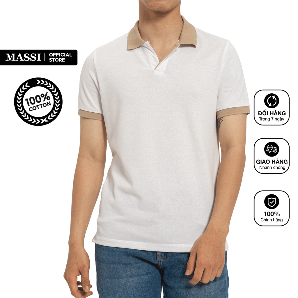 Áo Polo nam Massi 04 màu trắng trơn cổ bẻ phối be viền tay