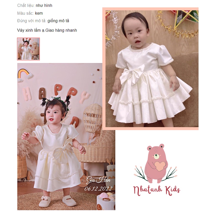 Đầm công chúa bé gái NHATANH KIDS màu trắng tay búp viền ngọc quanh váy cho bé từ 0-12 tuổi NA30