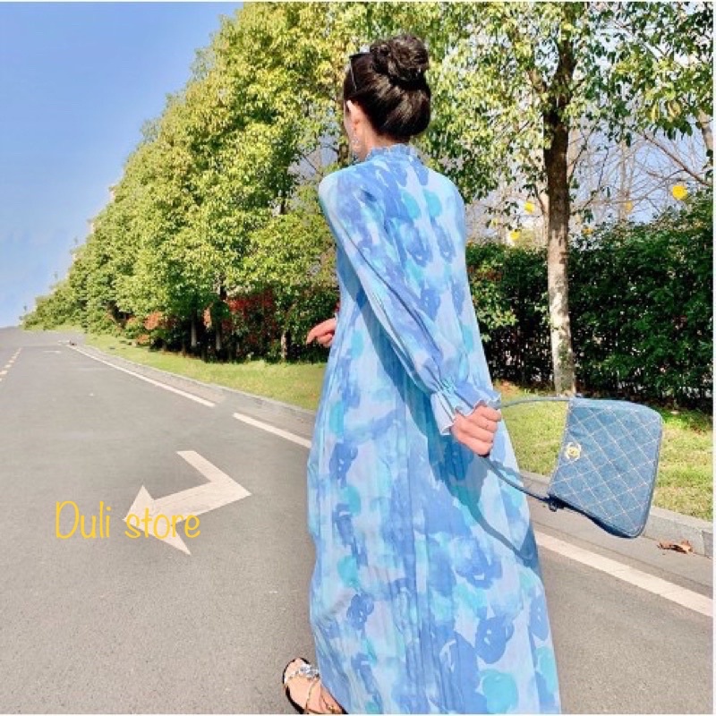 (ORDER)-Váy babydoll suông dài xếp ly đèn lồng màu xanh dương loang tiểu thư sang chảnh style Hàn Quốc