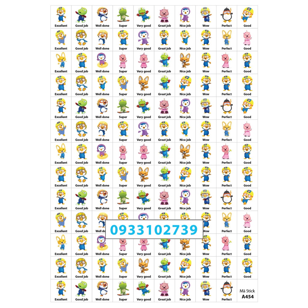 Sticker khen chữ Tiếng anh HÌNH PORORO - Combo 40k 5 tờ A4 x 129 sticker/ tờ - Mã A454-5