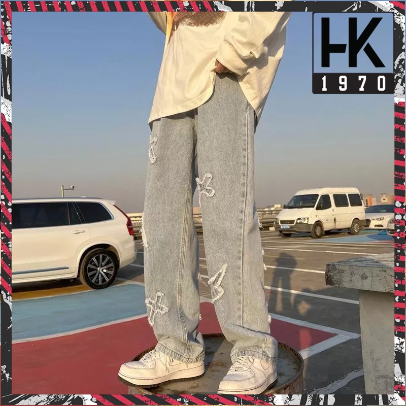 Quần jean nam baggy ống rộng quần bò nam thêu chữ thập phong cách hiphop Q007