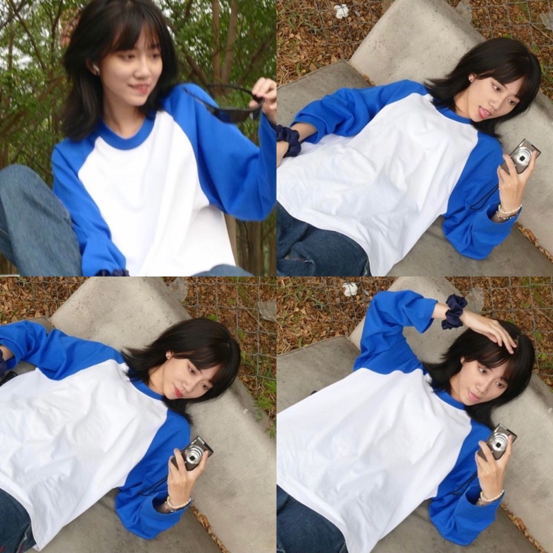 Flexible raglan White Blue | MEMS Áo thun cotton nam nữ tay dài trơn cổ tròn áo phối màu