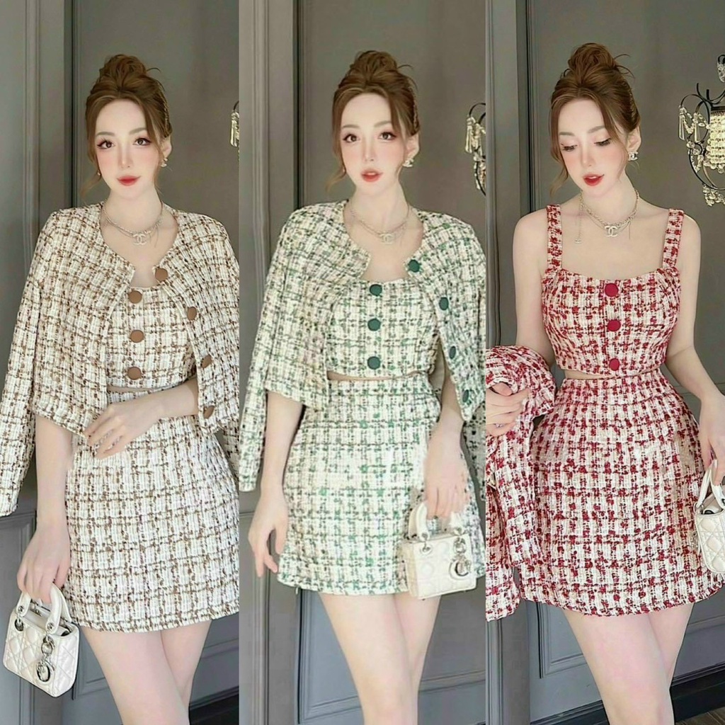 Set váy dạ nữ áo hai dây phối chân váy chữ A kèm áo khoác ngoài croptop siêu sang chảnh dành cho các tình yêu đi chơi.