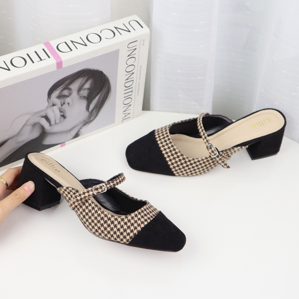 Dép sục cao gót Cillie nữ thời trang phối màu vintage retro quai ngang tiểu thư điệu đà gót vuông cao 5cm 1155