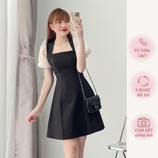 [Ms2054 Váy Cổ Vuông Tay Bồng Phối Trắng Đên Tôn Dáng Ảnh Thật | MERRCHUYENVAY