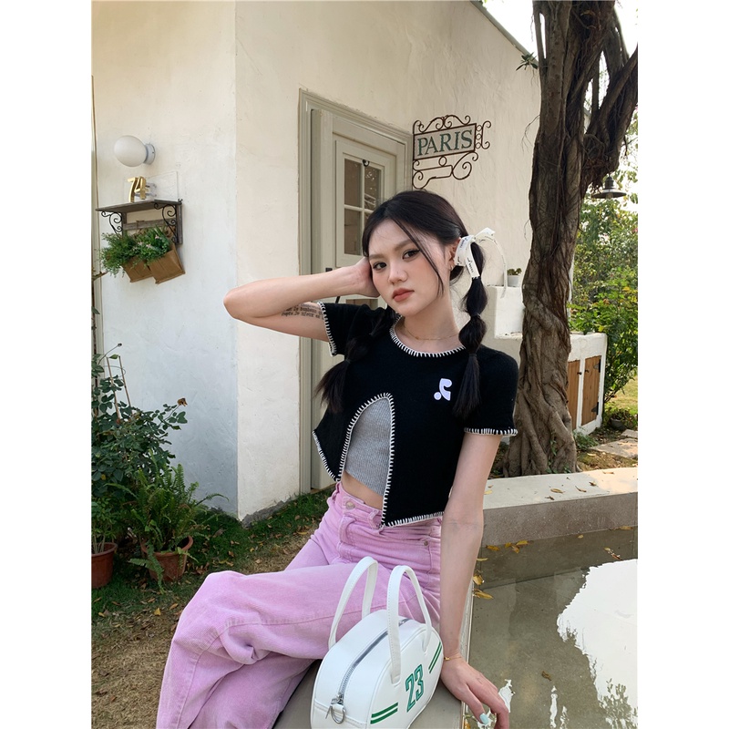 HUANG YOYO Áo Thun Dệt Kim Ngắn Tay Xẻ Tà Phía Trước Thời Trang Mùa Hè Cho Nữ