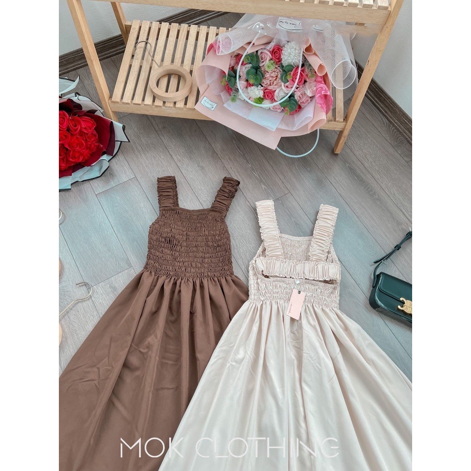 Đầm nữ dài 2 dây mảng nhúm hở lưng dáng xòe xếp li siểu tiểu thư xinh xắn phong cách hàn quốc