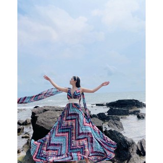 Đầm thổ cẩm tím ren eo H7