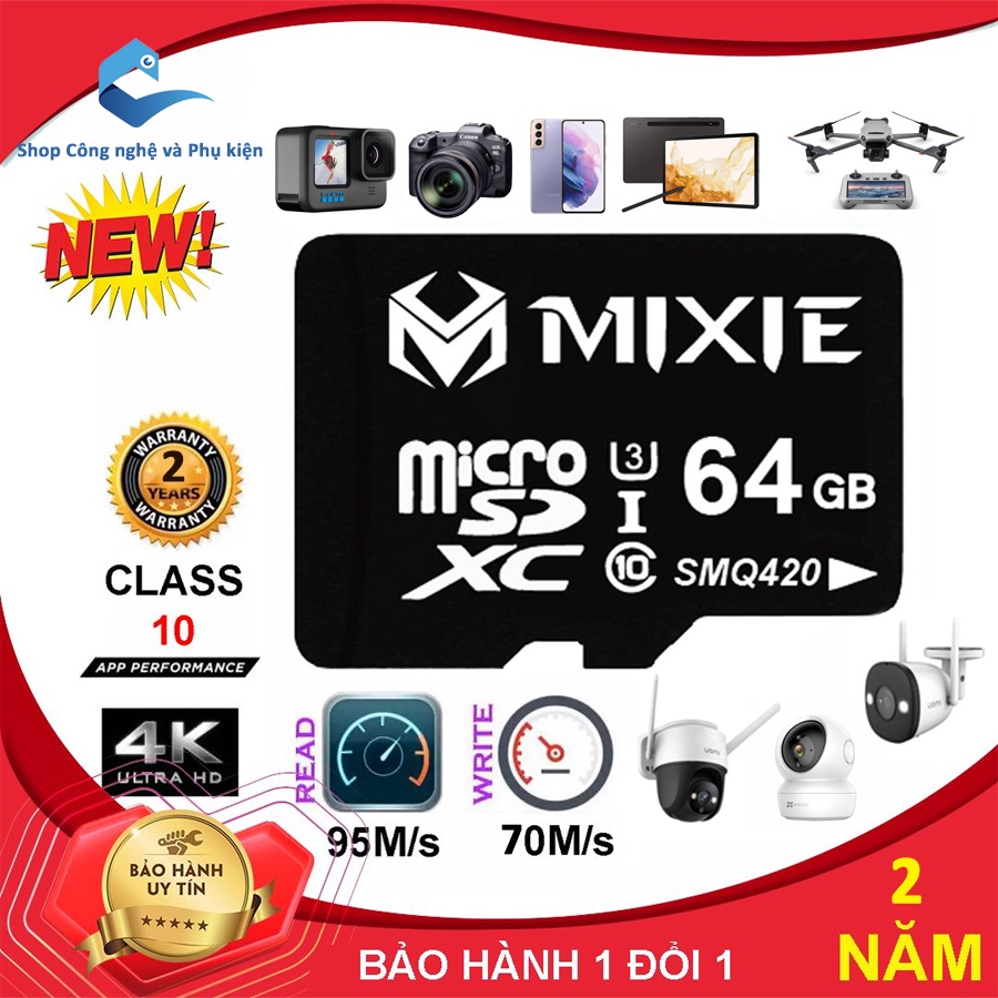 Thẻ nhớ MicroSDHC Mixie 32GB 64GB 128GB tốc độ cao 95MB/s, Tương thích Camera wifi, Máy Ảnh, Điện Thoại
