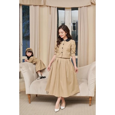 Set váy mẹ bé nâu be tiểu thư cổ bè dự tiệc - Đậu Kids&Mom