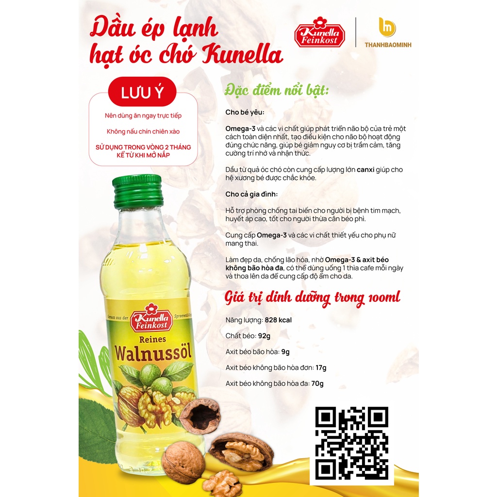 [DATE T6.2025] Dầu óc chó Đức Kunella Feinkost WalnuBol chai 100ml Cho Bé - Dầu Ăn Dặm