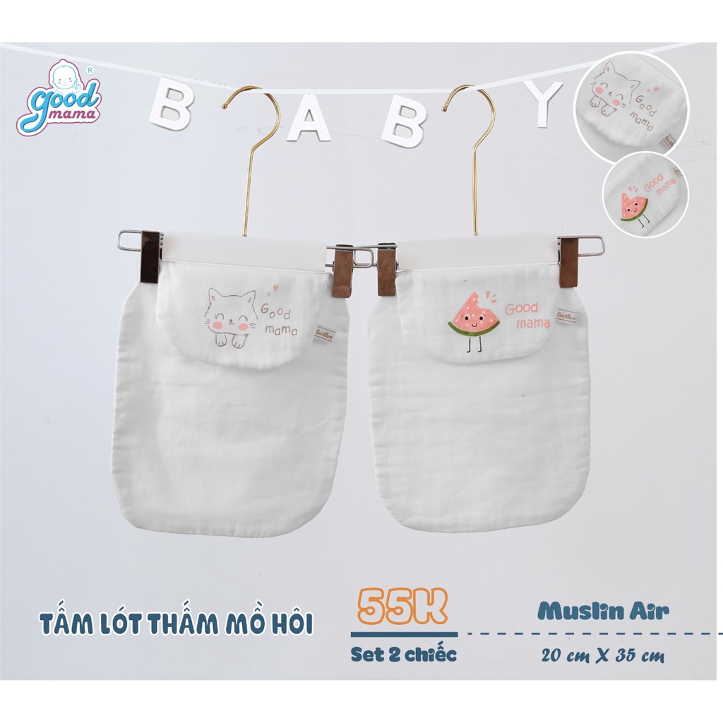 Khăn lót thấm mồ hôi lưng cho bé Goodmama kích thước 20*35cm 6 lớp Muslin mềm mại, tiện lợi SET 2 chiếc