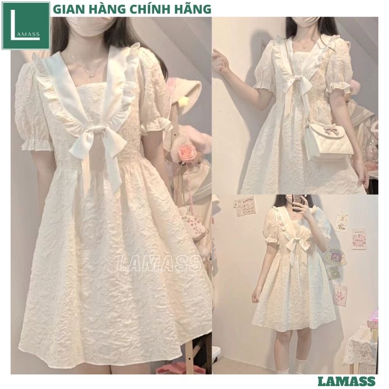 Váy gấm xốp cổ bèo nơ thiết kế tay bo dáng xòe cực xinh, Đầm tiểu thư gấm hoa nổi điệu đà phong cách Hàn quốc - LAMASS