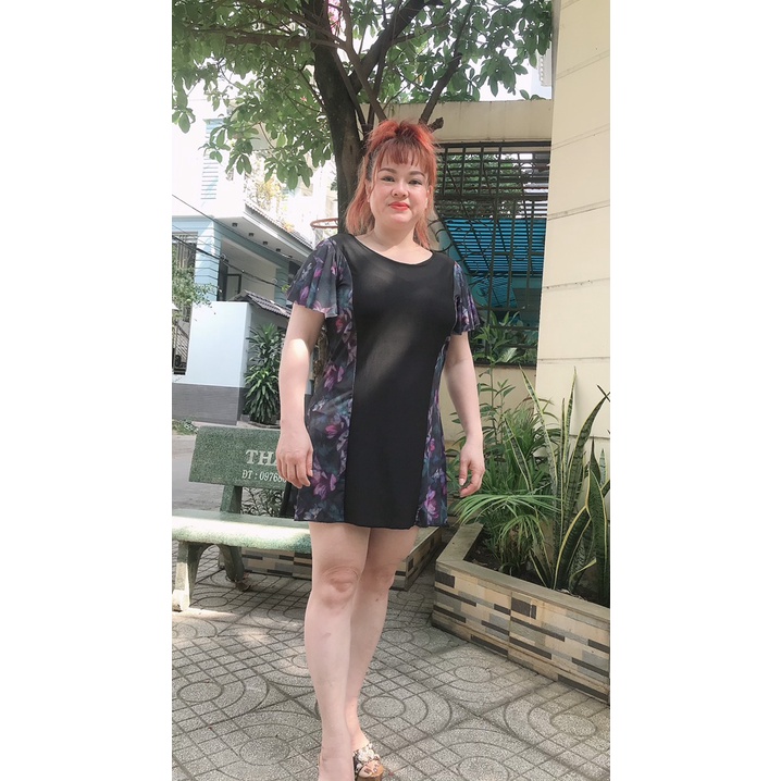 Bikini Đồ bơi nữ 1 mảnh liền thân trung niên dành cho người béo tay ngắn kèm quần đùi lót trong LM018