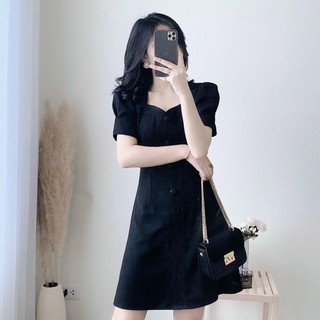 Đầm váy freesize đen cổ tim nút bọc