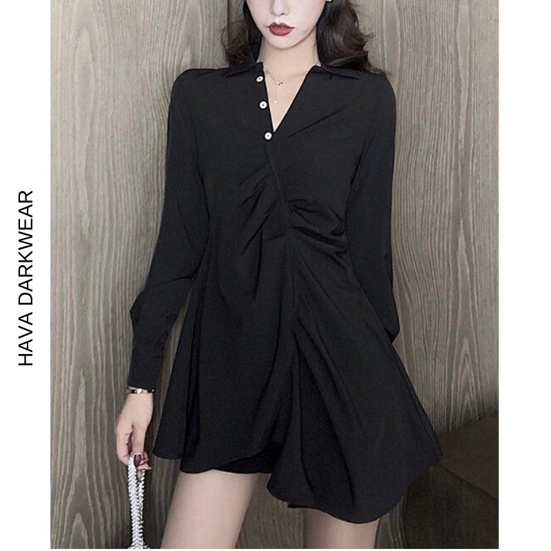 Áo sơ mi HavaDarkwear màu đen nhún trước dáng giấu quần chiết eo cá tính ASM18