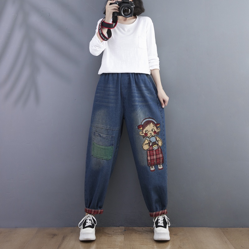 Quần jean bigsize dáng suông rộng cạp chun gập gấu trẻ trung