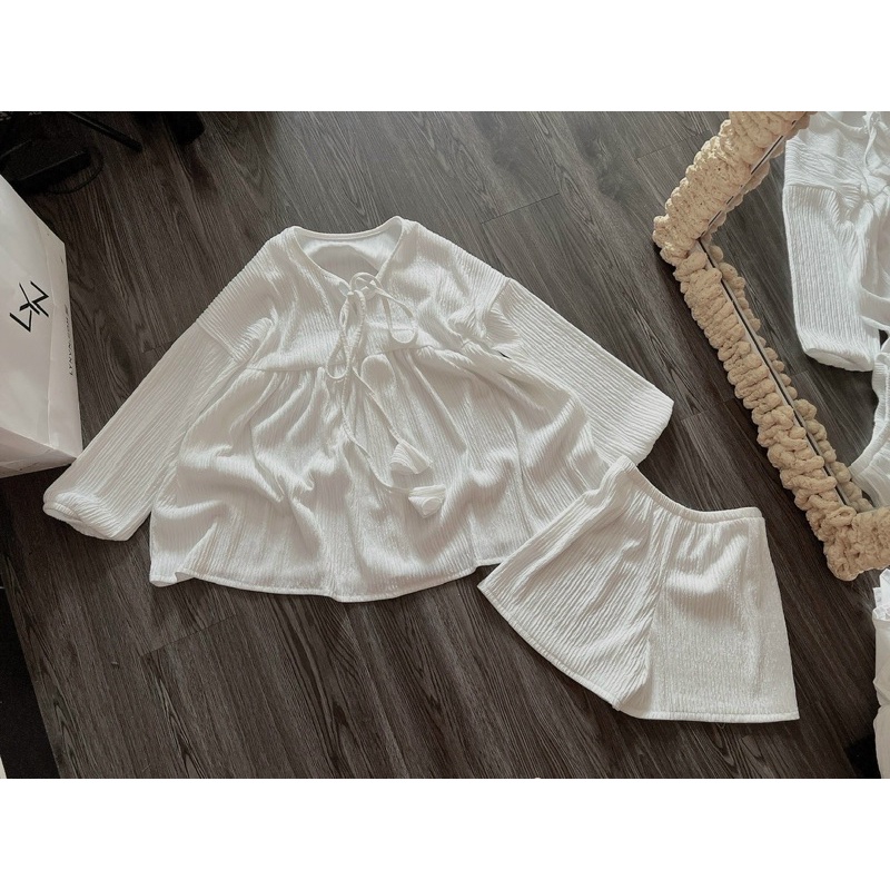Set Bộ Babidoll Tay Phồng Kèm Quần Short Màu Hottreen