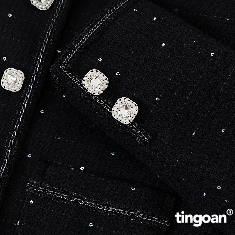 TINGOAN® - Áo khoác tweed đen cổ bẻ bện xích viền áo CRYSTAL LADY JACKET/BL