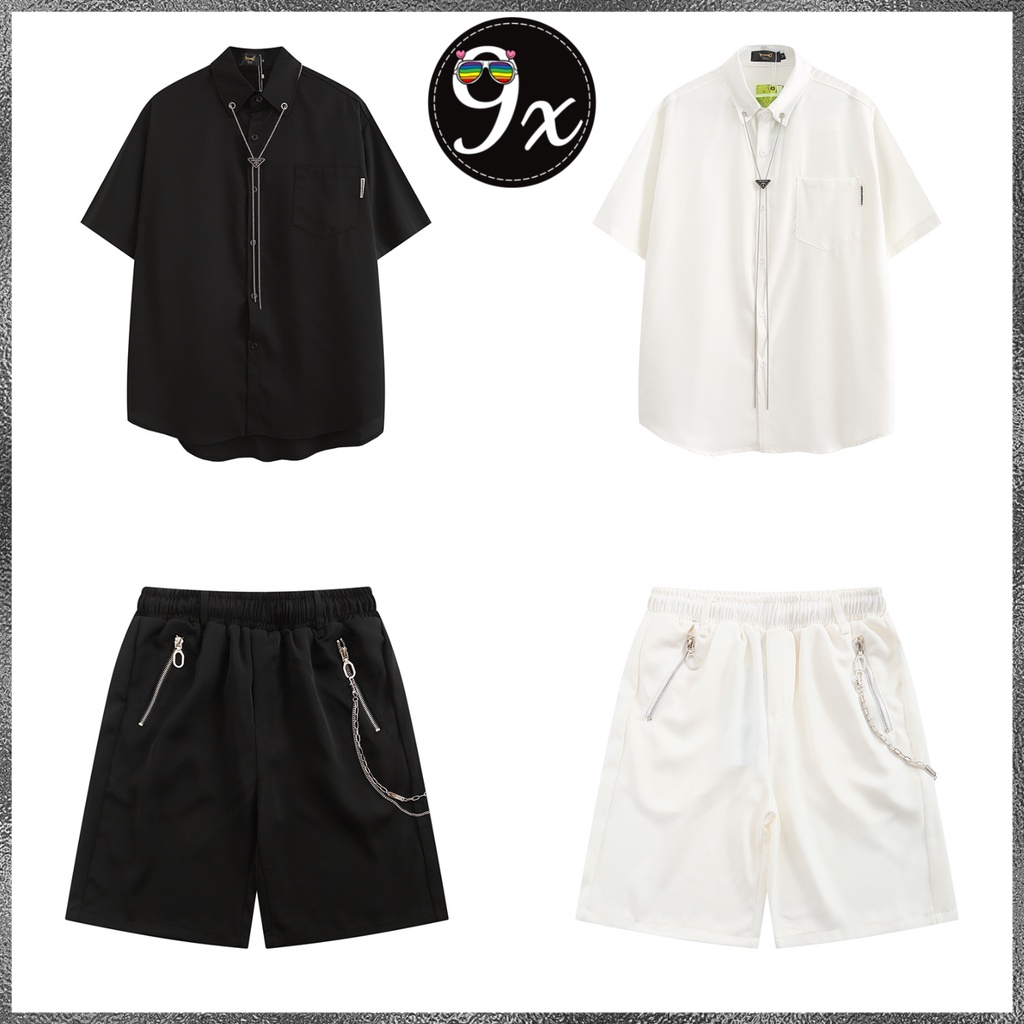 Sét bộ Sơmi ngắn tay và quần short phối dây xích hàng cao cấp