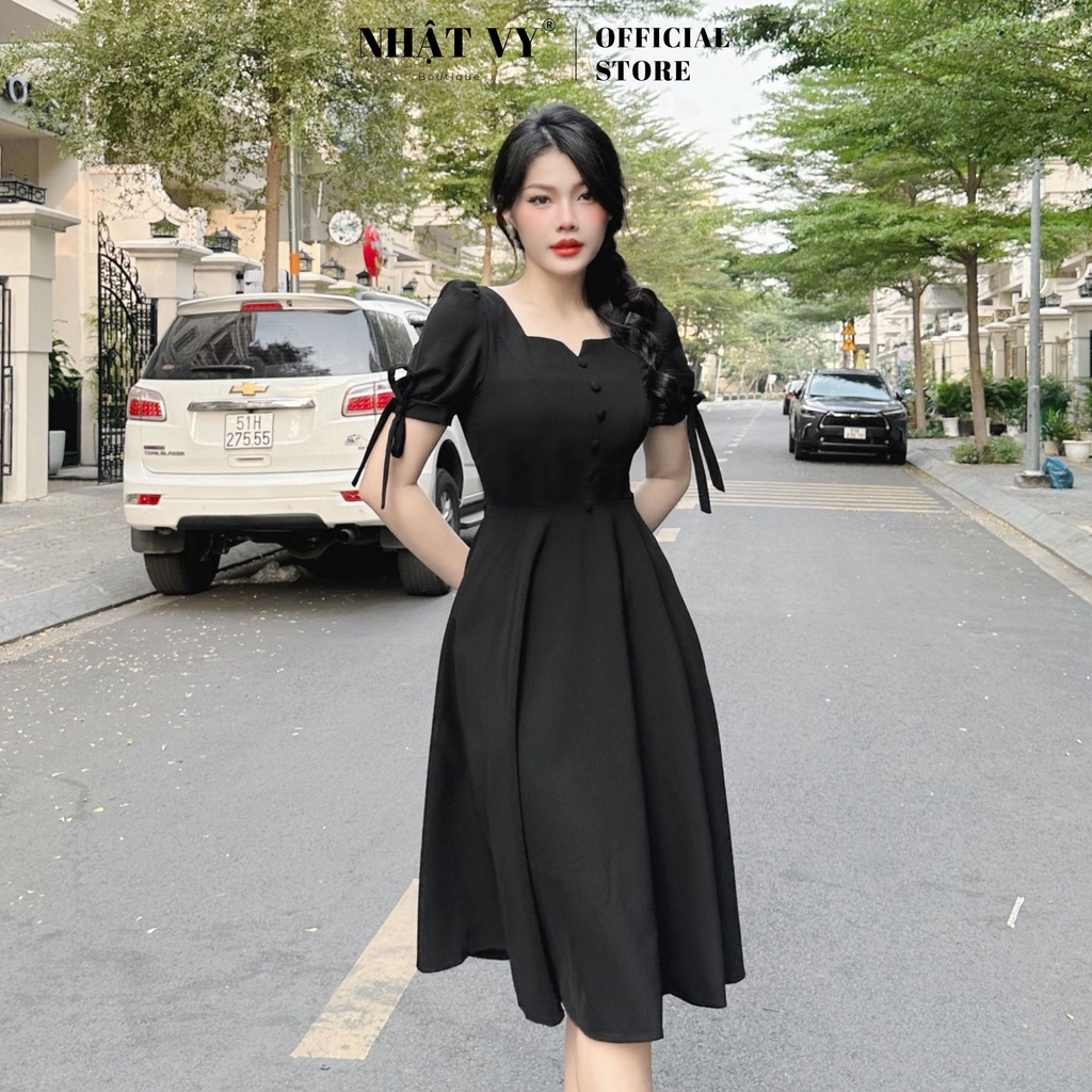 Đầm Váy Thiết Kế NHẬT VY Cổ Vuông Phối Cúc Thắt Nơ Chất Cotton Chất Màu Trắng, Đỏ, Đen - D2393
