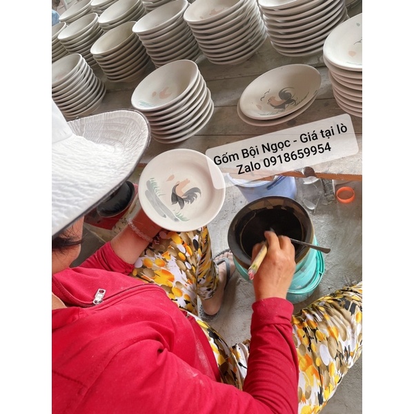 Combo 10 Dĩa Vẽ Gà Lòng Sâu NEOP  Size Đại ĐK 20cm - Gốm Xưa Cho Người Hoài Niệm - Gốm Lái Thiêu - Gốm Nam Bộ