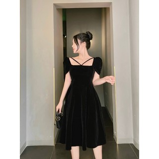 Đầm nhung thiết kế dây chéo cổ có dây thắt eo phù hợp mọi vóc dáng phong cách Hàn Quốc tiểu thư, sang chảnh