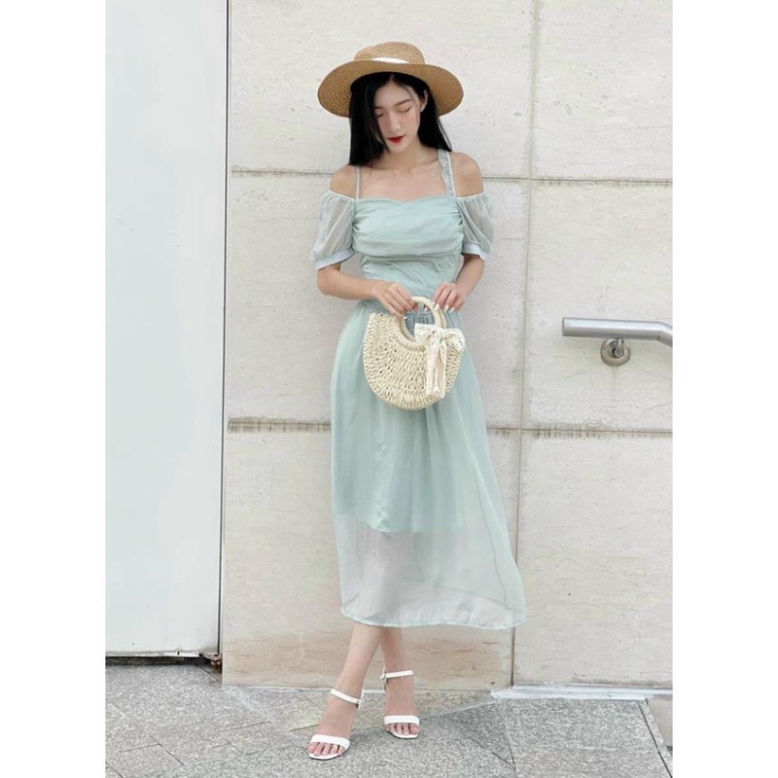(Fom: <55kg) Đầm Midi Xanh Phối Tay Voan Dây Chéo Cổ Đầm Chữ A JL50 | BigBuy360 - bigbuy360.vn