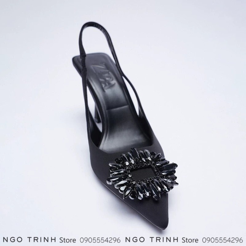 Giày cao Gót Nữ Mũi Nhọn Za.ra Đính Đá Đen Xuất Xịn FullBox cao 8cm