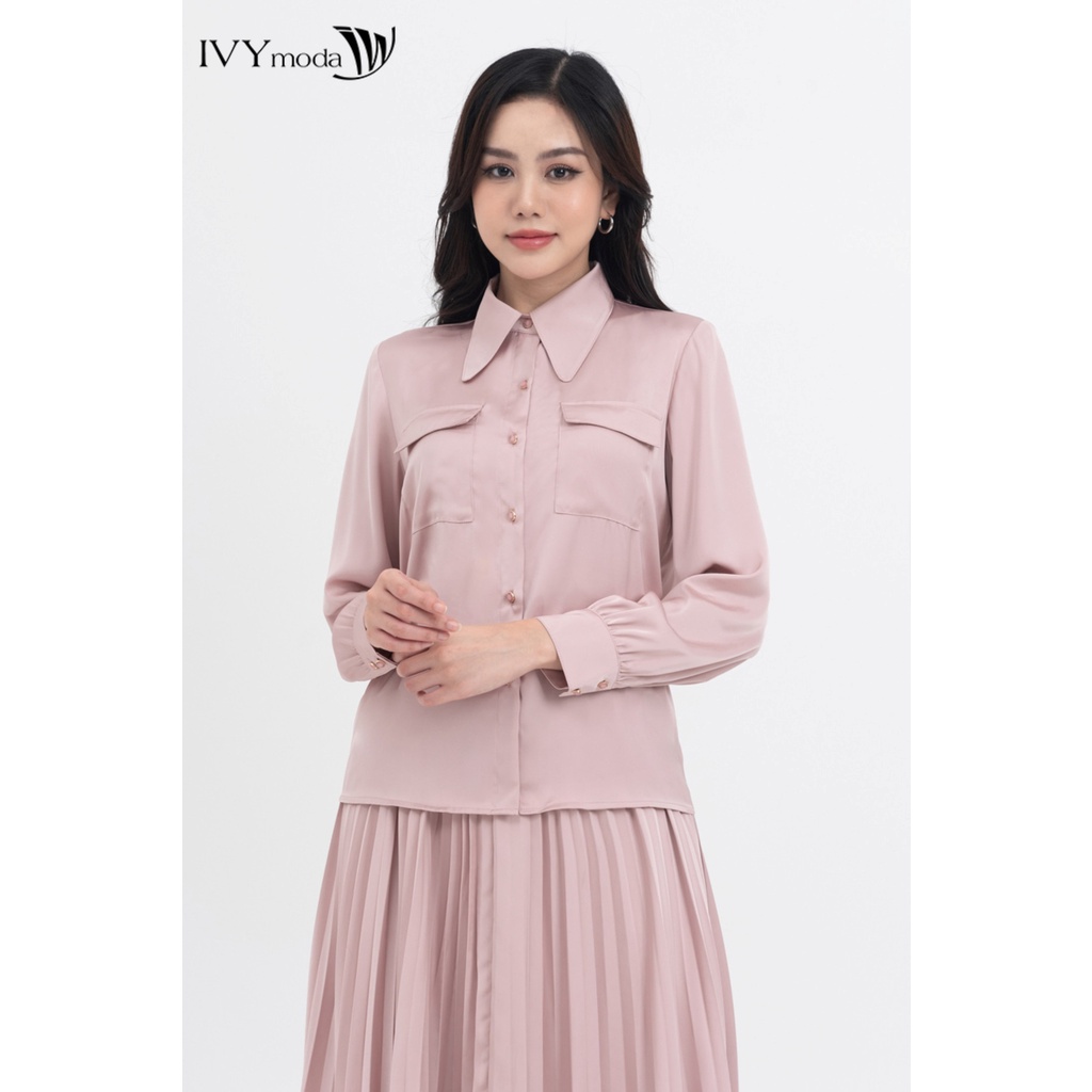 Bộ áo sơ mi lụa và chân váy xếp ly nữ IVY moda MS 17T0214