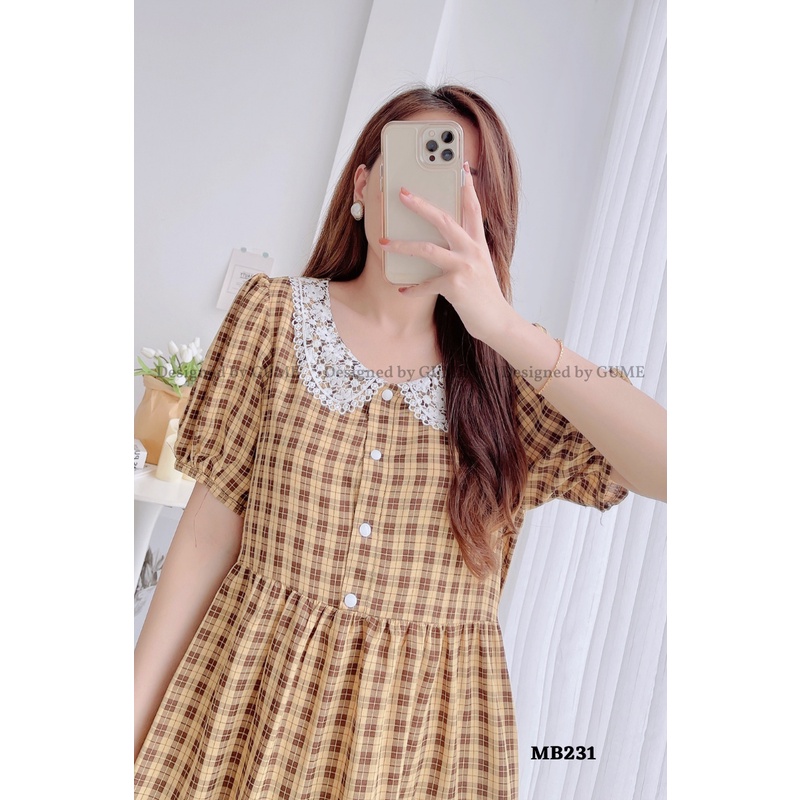 Váy bầu bigsize - Đầm bầu thiết kế GuMe kẻ vàng đuổi cá 3 tầng cổ ren dáng A size từ 40-100kg  MB231- ảnh thật