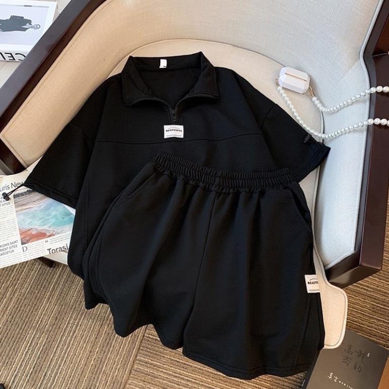 Set Đồ Nam Nữ Form Rộng Unisex, Bộ Áo Polo Khóa Kéo Kèm Quần Short Đùi Logo Chất Liệu Cotton Khô