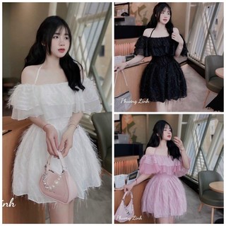 SALE TẾT-Đầm xoè trễ vai phối bèo voan sang chảnh quyến rũ