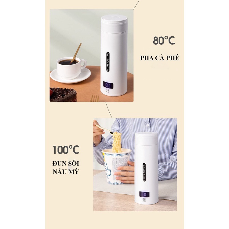 Ấm siêu tốc mini đa năng 2 trong 1 dung tích 500ml, Bình giữ nhiệt có thể nấu nước sôi hiện thị nhiệt độ