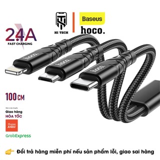 Cáp sạc nhanh 3in1 hoco du02 nightling/type-c/micro sạc nhanh 2.4a dây dù siêu bền dài 1.2m cho smartphone