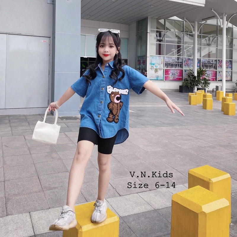 Áo sơmi Jean gấu ? quần legging đui cho Bé size đại 20kg - 45kg