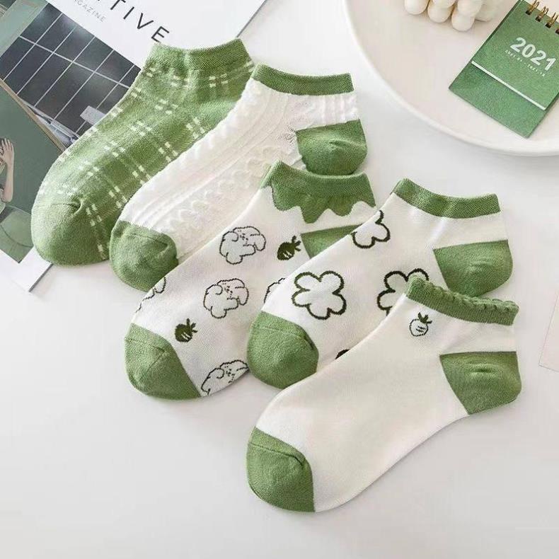 Set 5 đôi tất vớ cổ ngắn hoạ tiết dễ thương màu xanh lá