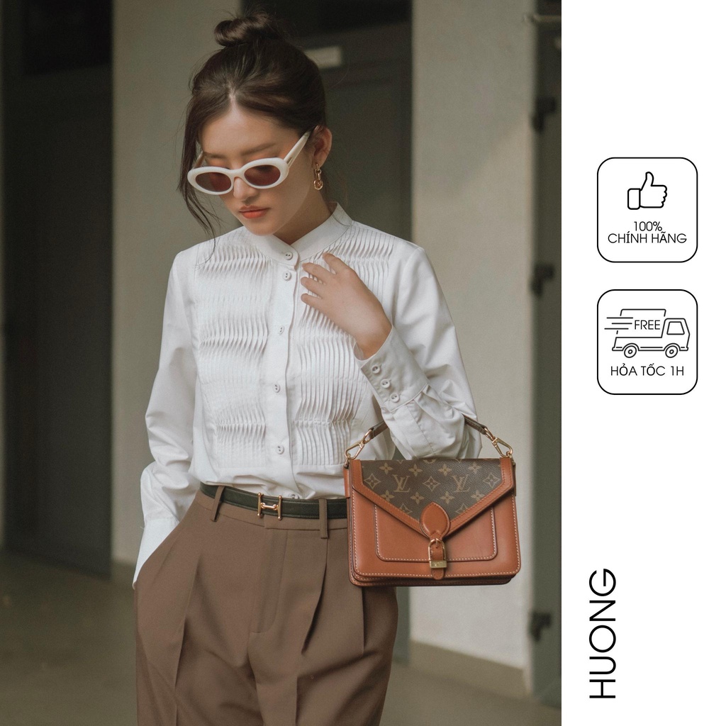 Áo sơ mi cotton lụa pha ngực mí gân HUONG BOUTIQUE HBSM1025